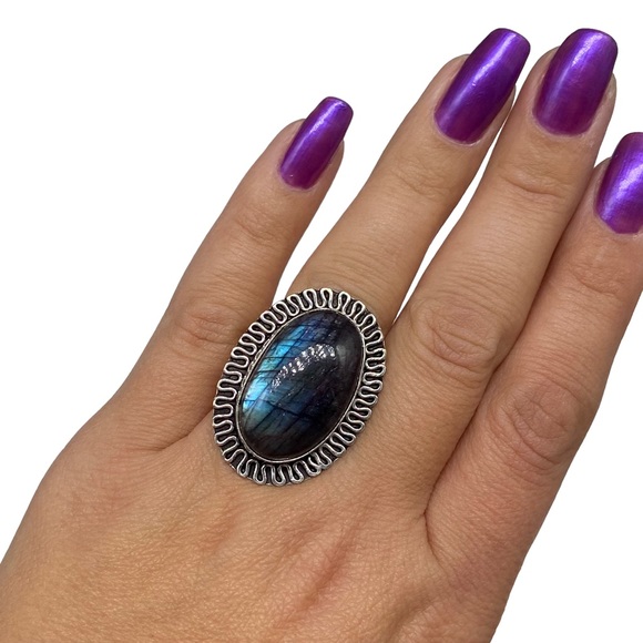 Jewelry - Flashy Blue Labradorite Ring Size 7.5 925 Sterling Silver Overlay Natural Stone